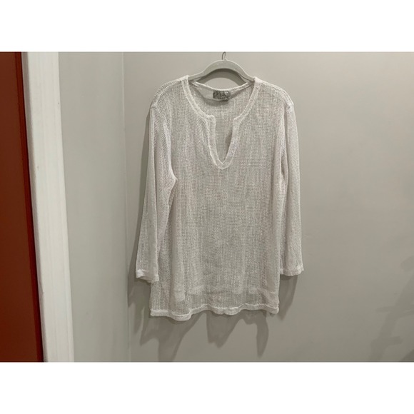 J. Valdi Other - J. Valdi Womens White Mesh Knit Split V-Neck Long Sleeve Tunic Cover Up